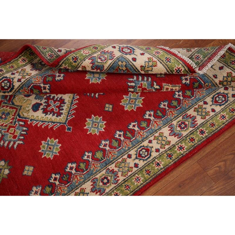 Red Geometric Kazak Accent Rug Hand-Knotted Wool Carpet - 3'5" x 4'10"