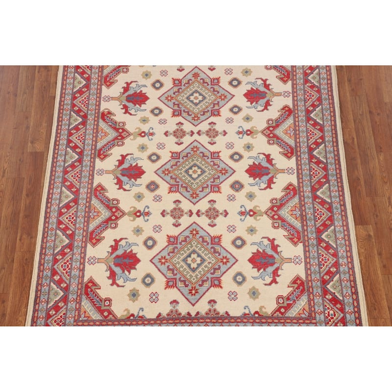 Ivory Kazak Oriental Area Rug Hand-Knotted Traditional Wool Carpet - 4'11" x 6'6"