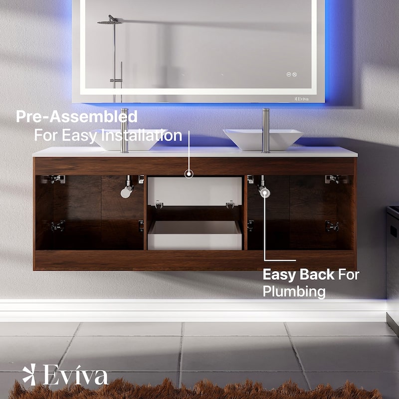 Lux 60"W Rosewood DS Bath Vanity with Quartz Top & Vessel Sinks