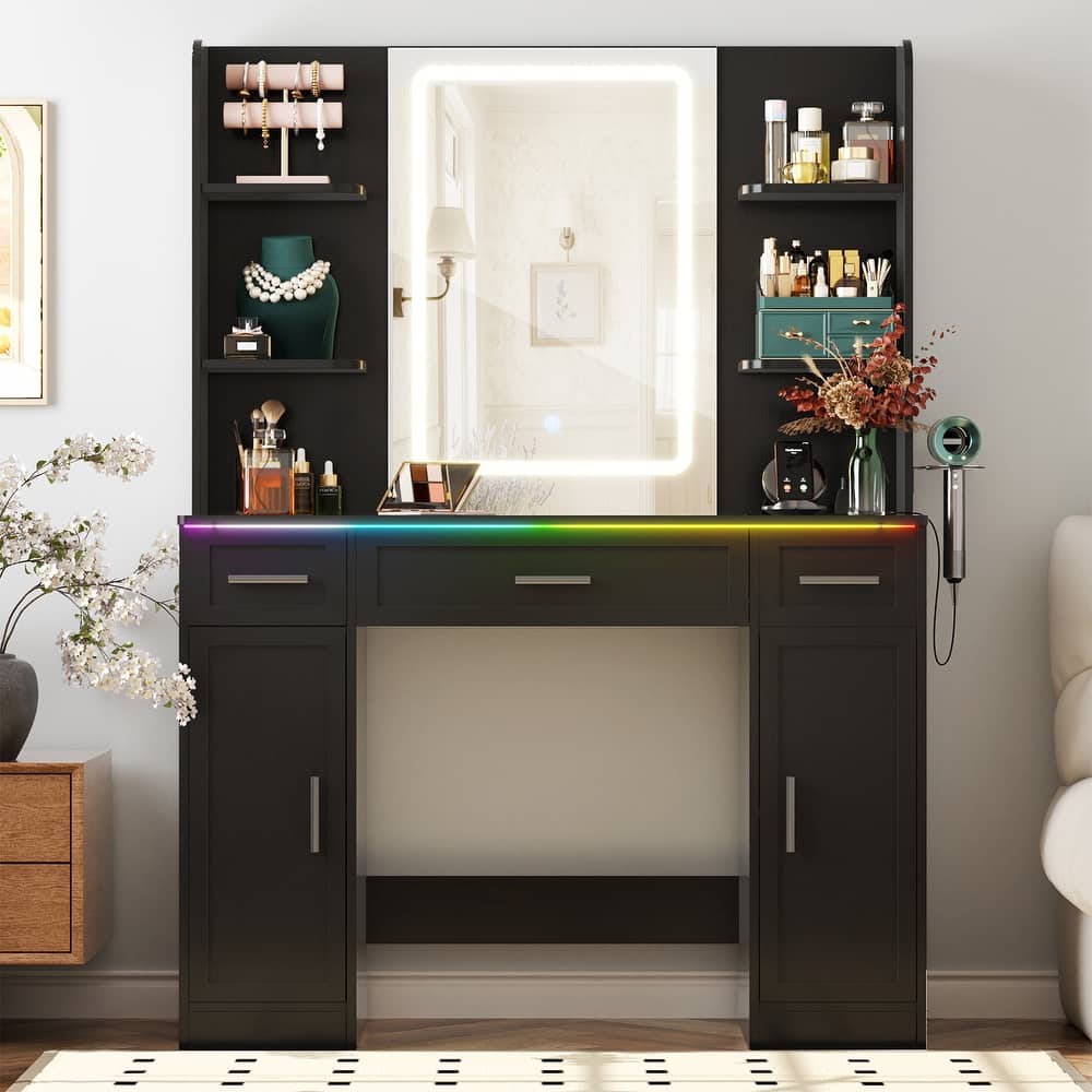 Modern Farmhouse Vanity Table with LED Mirror, Makeup Vanity Desk with Drawer, Cabinet, and Shelves