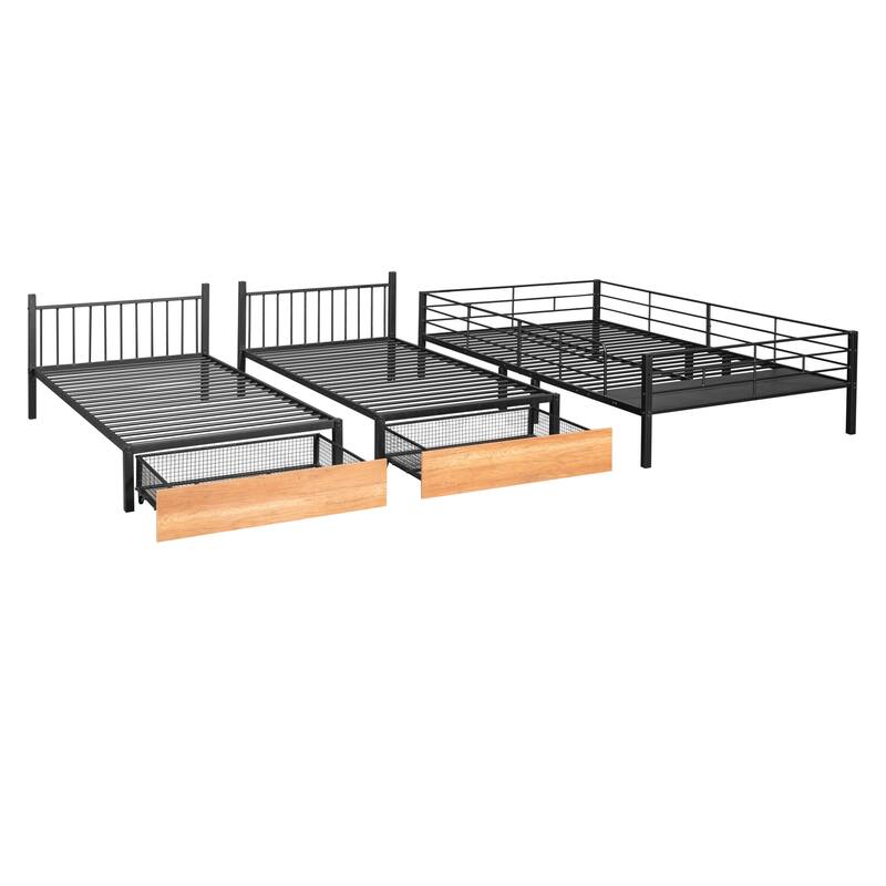 Full Over Twin & Twin Triple Bunk Bed with Drawers and Middle Table, Convertible Metal Bunk Bed Frame with Ladder and Guardrails