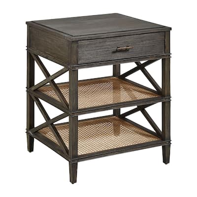 Cambridge Double Shelf Elm & Cane Side Accent Table with Storage Drawer