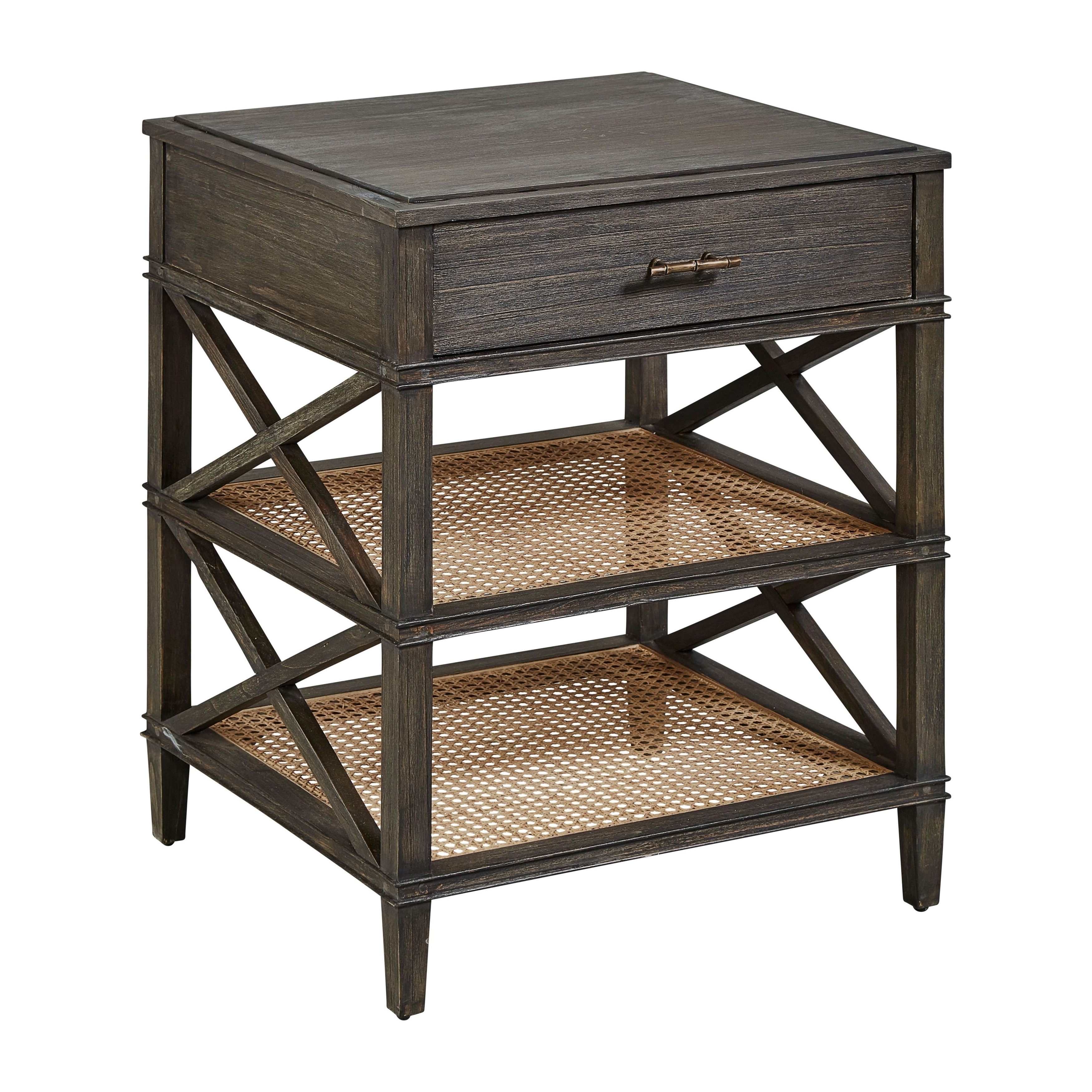 Cambridge Double Shelf Elm & Cane Side Accent Table with Storage Drawer
