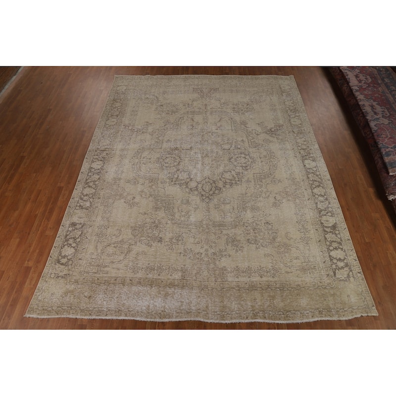 Tabriz Persian Vintage Rug Hand-Knotted Traditional Beige Wool Carpet - 9'9"x 12'6"