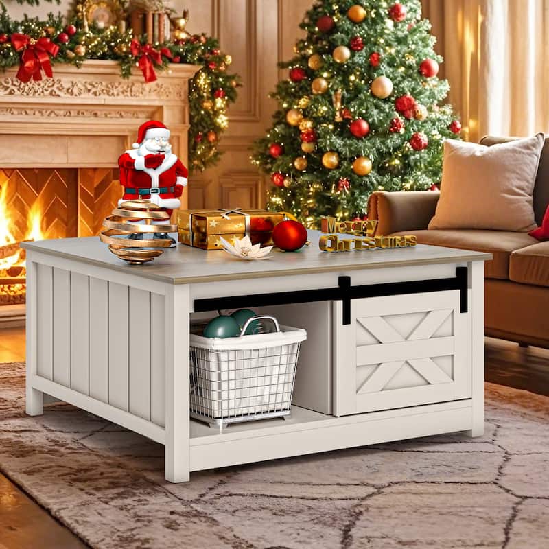 Moasis Farmhouse Coffee Table Wooden Square Center Table with Sliding Barn Door Small Coffee Table with Half Open Storage
