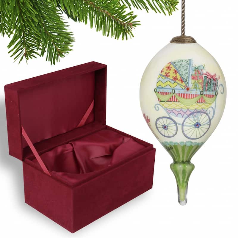 Baby Carriage with Presents Hand Painted Mouth Blown Glass Ornament - 4.75" x 2.5" x 2.5"
