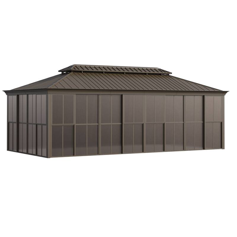Hardtop Gazebo with Double Steel Roof, Sliding/Lockable Doors & Screens - All-Season Rustproof Aluminum Frame，Advanced Drainage