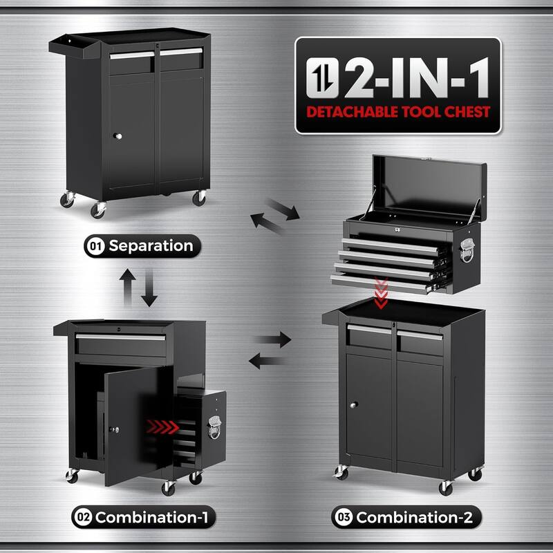 5 Drawer 2 in 1 Rolling Tool Chest Storage Box Garage Rolling Cabinet with Detachable Top Tool Box and Universal Lockable Wheels