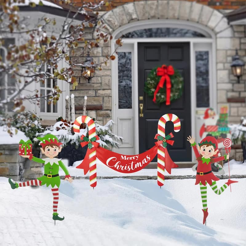 Glitzhome Christmas Metal Dancing Elf Cupcake Candy Cane Yard Stake Wall Decor