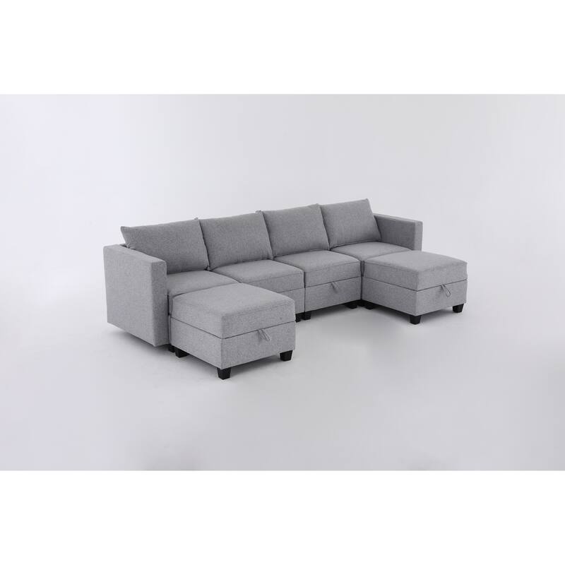 110.3" Burlap Modular U-Shaped 6-Seater Sectional Sofa with Reversible Chaise, Built-in Storage and Convertible Design