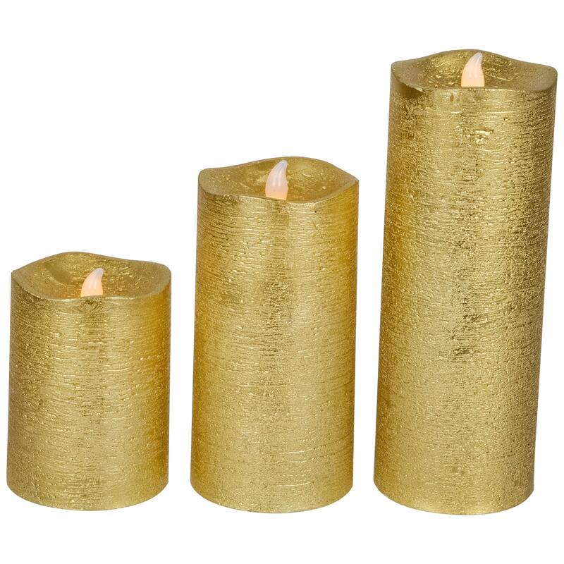 LED Brushed Flameless Christmas Pillar Candles - 8" - Gold Finish - Set of 3