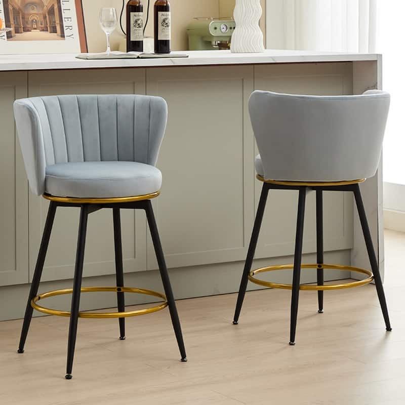 360° Swivel Upholstered Barstools with Backs and Metal Legs( Set of 2) - Blue