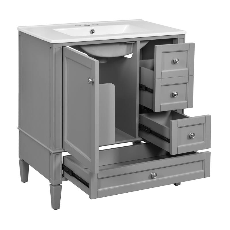 Bathroom Vanity with Ceramic Sink, Modern Bathroom Storage Cabinet with Side Door Organizer and 3 Different Sizes Drawers