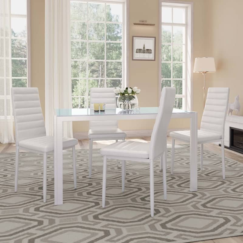 5 Pieces Glass Dining Table Set, 4 Person Modern Home Kitchen Chairs with High Back PU Leather Dining Chairs