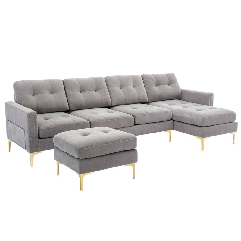 L Shaped Convertible Sectional Sofa with Ottoman, Velvet Fabric 5 Seater Sofa, Upholstered Sofa with Chaise & Storage Pockets