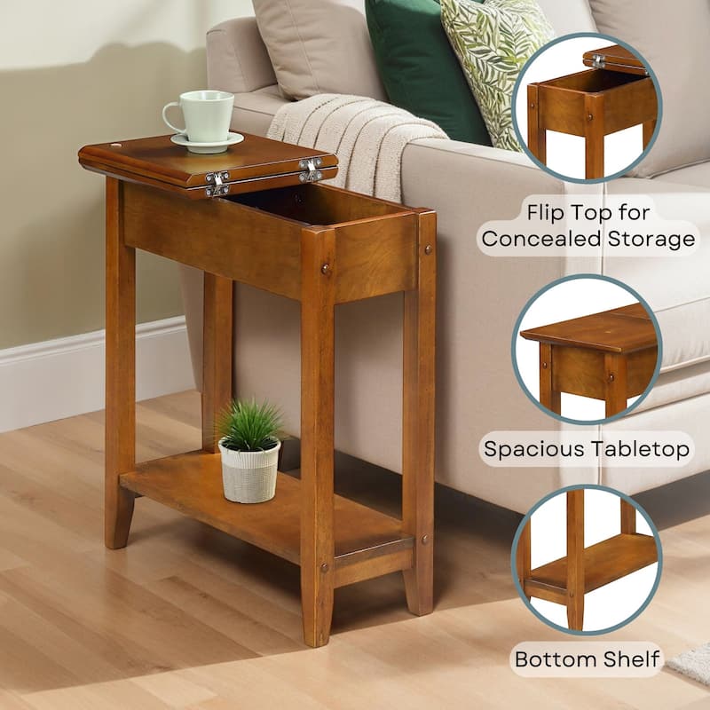 Narrow Wedge End Table with Open Shelf, Beveled Edges and Tapered Legs Perfect Between Chairs or Small Spaces - 23