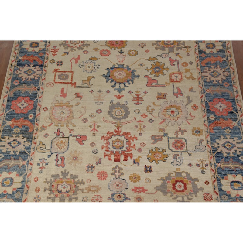 Hand Knotted Oriental 100% Wool Carpet Transitional All-Over Beige & Ivories Oushak Area Rug - 9' 9'' X 8' 1''