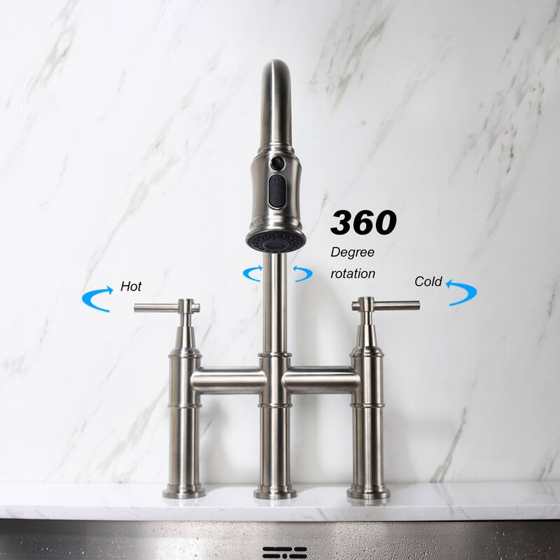 Transitional Bridge Kitchen Faucet with Pull-Down Sprayhead, Double Handle Kitchen Sink Faucet