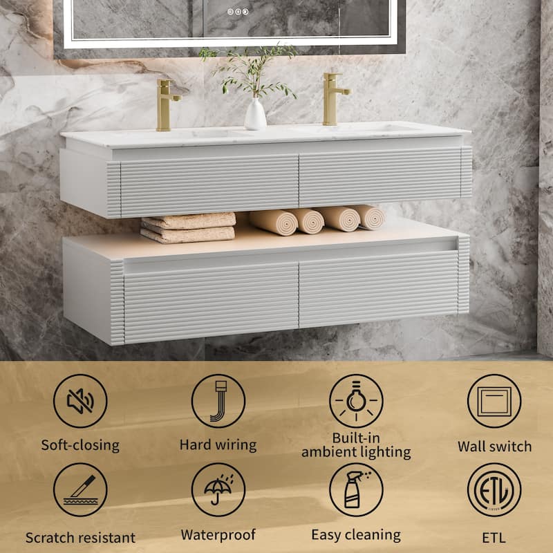 Modland 48" Modern Wall-Mounted Double Sink Bathroom Vanity with Engineered Stone Countertop,LED Light