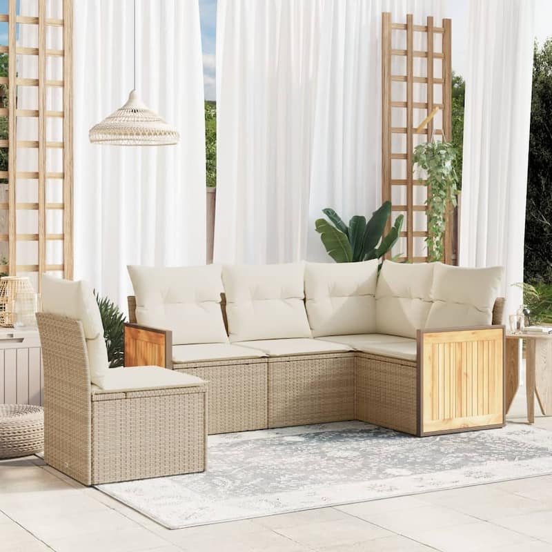 vidaXL Patio Sofa Set with Cushions Outdoor Conversation Furniture Poly Rattan - Beige and Cream - 24.4 x 24.4 x 27.2