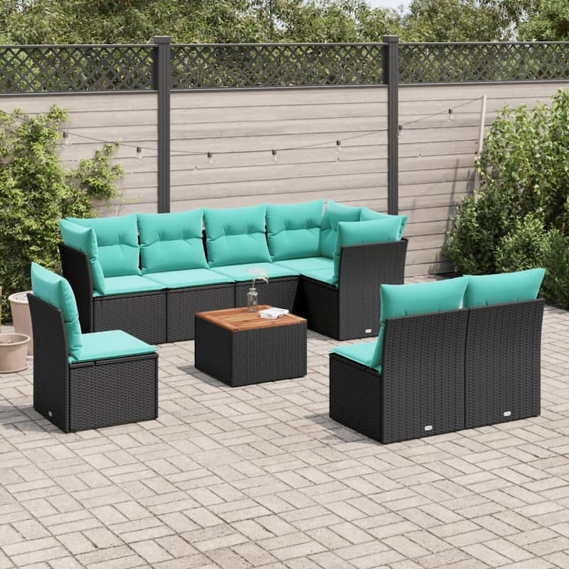 vidaXL Patio Sofa Set with Cushions Outdoor Furniture 9 Piece Poly Rattan - 24.4" x 24.4" x 27.2" - Black and blue