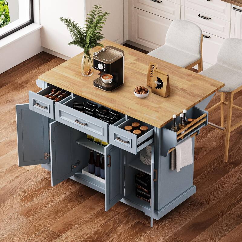 Modern Large Kitchen Island with Folding Board 3 Drawers, 4 Doors, Spice Rack and Towel Rack, for Kitchen - Grey