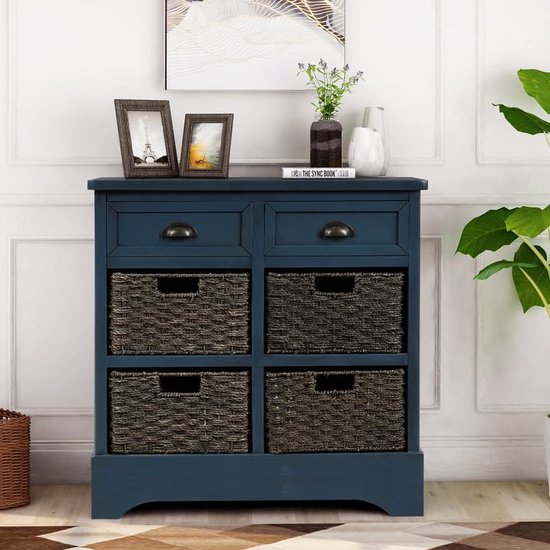 Rustic Acacia&Rattan Storage Cabinet-Farmhouse Style,No Assembly - Antique Navy