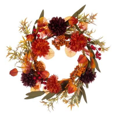 Vickerman 14" Orange and Burgundy Artificial Mixed Mum, Chinese Lantern, and Berry Wreath Candle Ring.