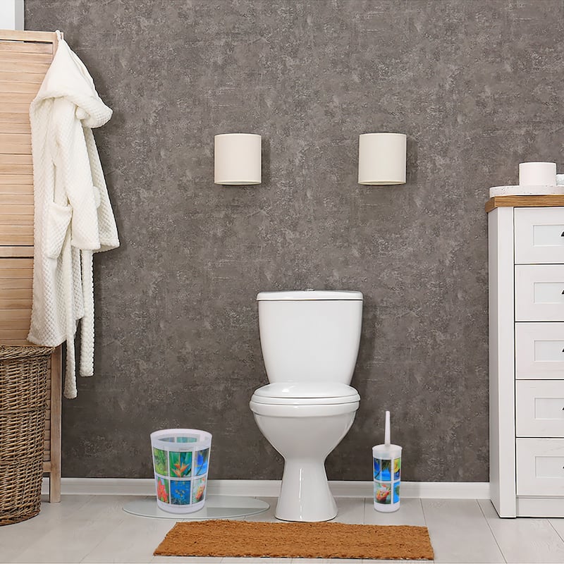 Island Bathroom Accessory Set - Decorative Plastic Waste Basket and Toilet Brush - 9.4" H x 7.8" W x 6.2" L