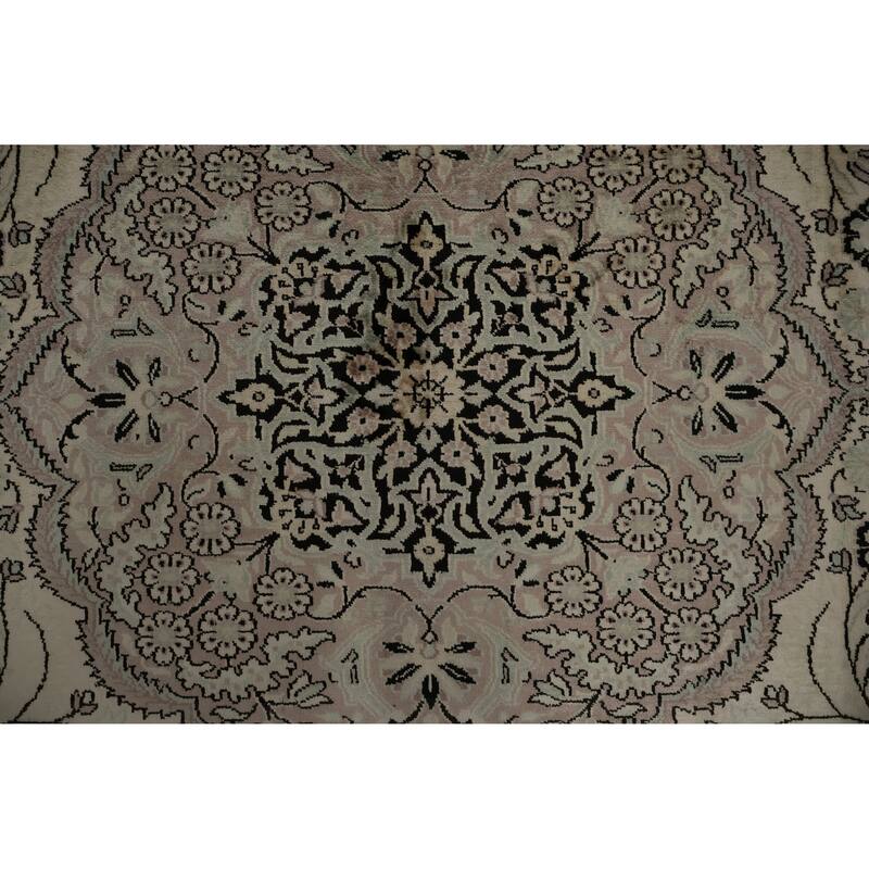 Hand Knotted Oriental Silk Carpet Traditional Floral Beige & Ivories Kashmir Area Rug - 10' 3'' X 7' 0''