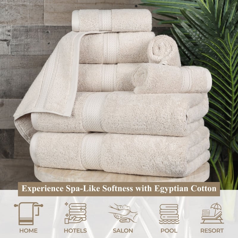 Superior Egyptian Cotton 8 Piece Towel Set Ultra Plush & Absorbent Bath, Hand & Face Towels, Heavyweight Spa Quality