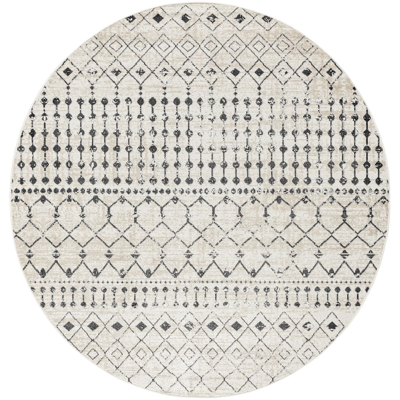 Livabliss Lavadora Bohemian Diamond Washable Area Rug - 6'7" x 6'7" Round - Black/Cream