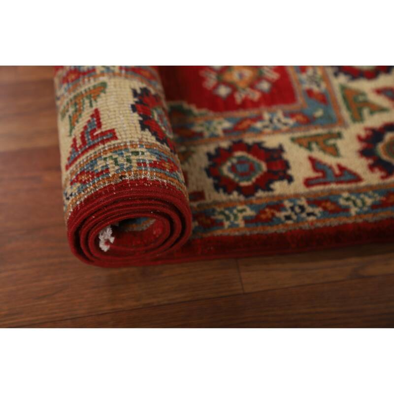 Red Geometric Kazak Oriental Accent Rug Hand-Knotted Wool Carpet - 2'0" x 3'0"