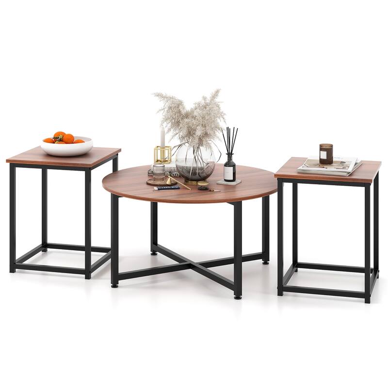 Gymax Round Nesting Table Set of 3 Modern / Farmhouse Coffee Table w/2 - Walnut & Black
