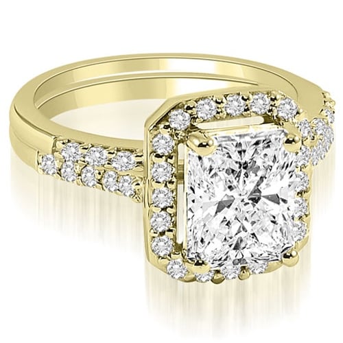 1.06 cttw. 14K Yellow Gold Emerald And Round Cut Halo Diamond Bridal Set,HI,SI1-2