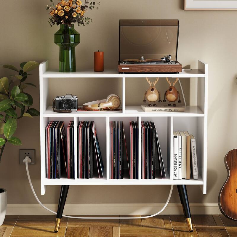 Retro Vinyl Stand with Charging Hub, Record Player Stand with Power Outlet and USB Ports - White