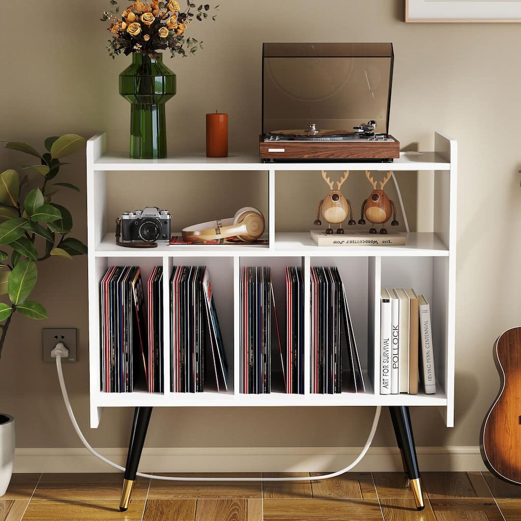 Retro Vinyl Stand with Charging Hub, Record Player Stand with Power Outlet and USB Ports