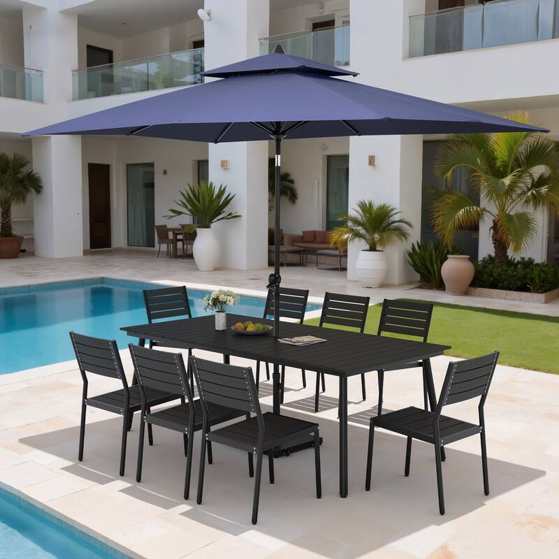 11PC Outdoor Patio Dining Set Wood-Like Aluminum Table with Stackable Chairs,Double Top Market Umbrella and Wheel Base - BlackTable&BlackChairs&NavyBlueUmbrella