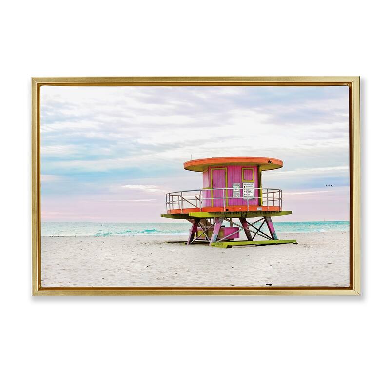 Stupell Lifeguard Hut with Pastel Sky Framed Floater Canvas Wall Art Design By Seven Trees Design - 25 x 17 - Gold