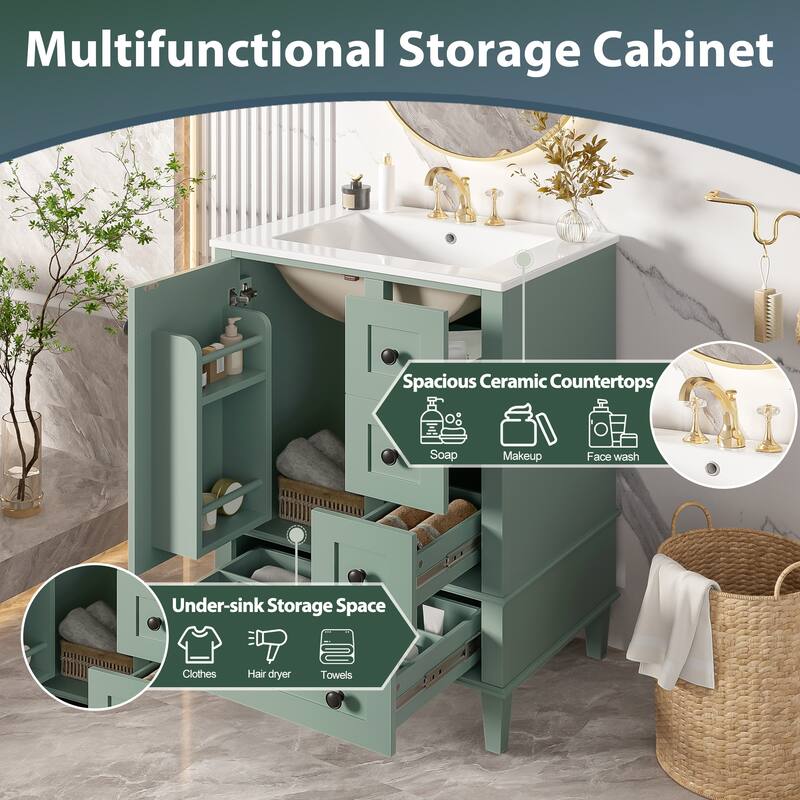 24 Inch Single Sink Bathroom Vanity, Integrated Ceramic Basin Bathroom Storage Cabinet