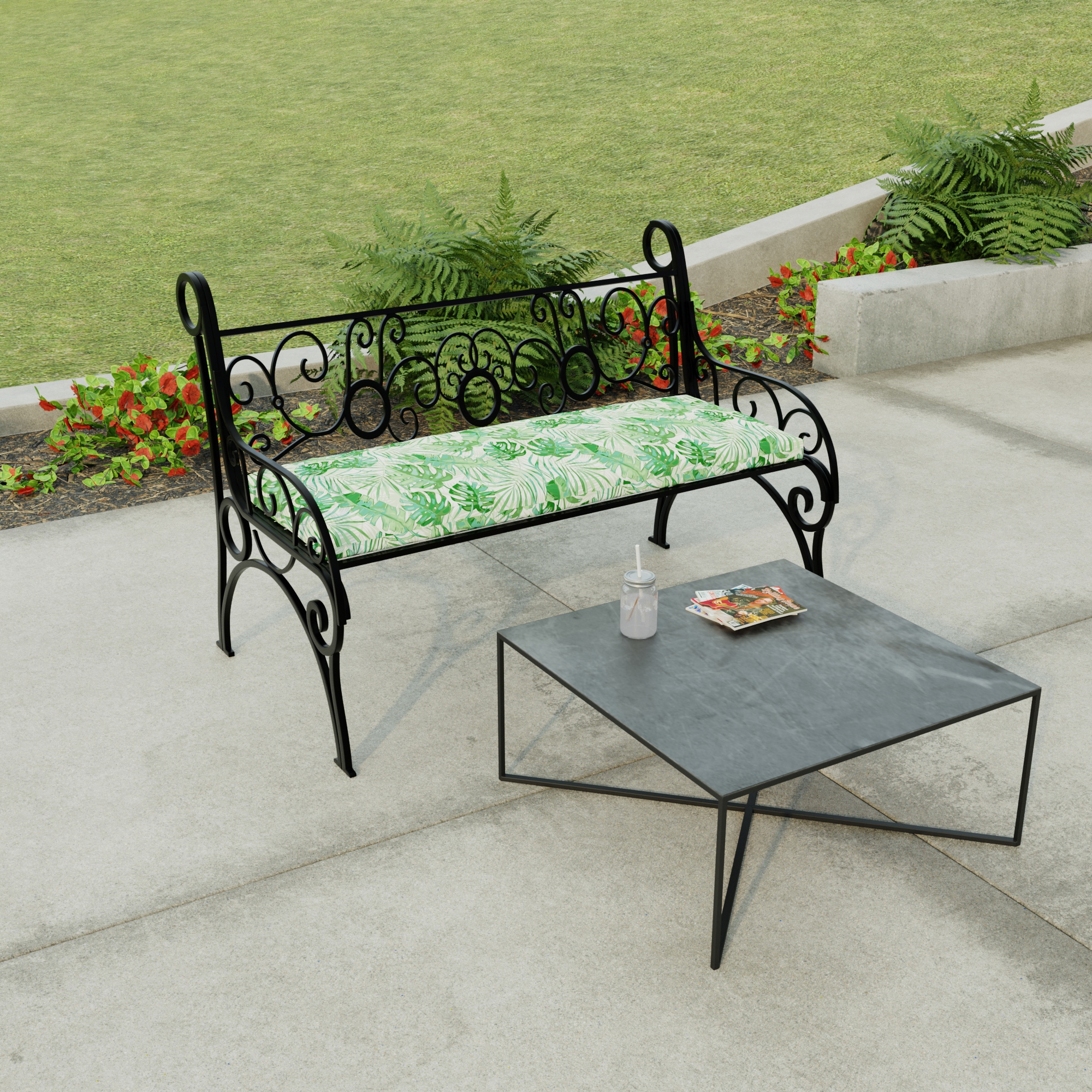 48 x 18 Green Tropical Outdoor Bench Cushion with Ties 18 L x 48 W x 3.5 H