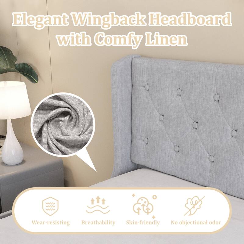 Full/Queen Size Bed Frame with 4 Storage Drawers, Wingback Headboard
