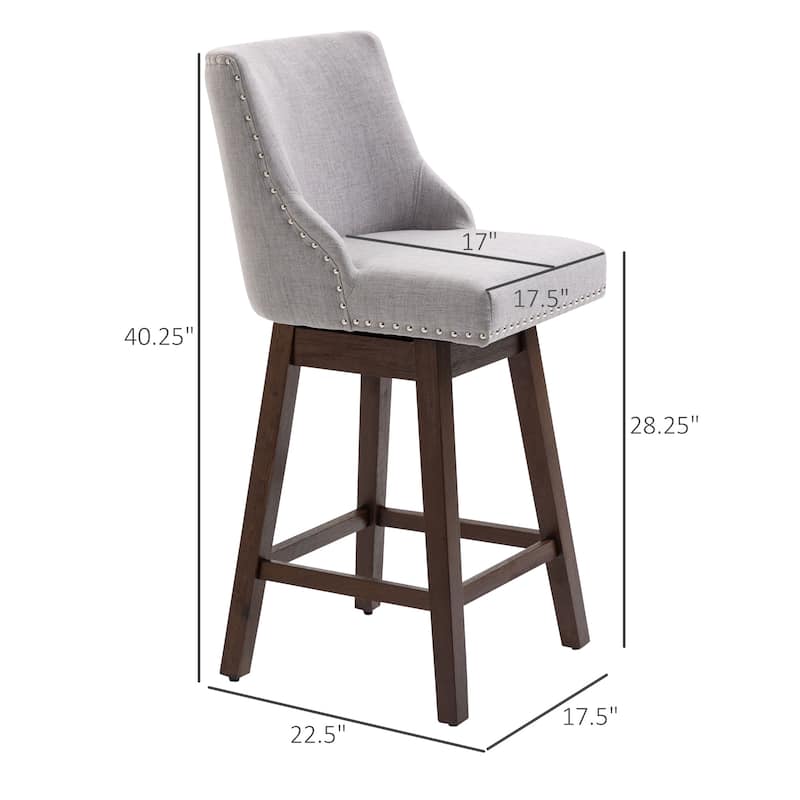HOMCOM 28" Swivel Counter Height Bar Stools with Backs, Upholstered Dining Room and Kitchen Bar Stools Set of 2 with Wood Legs