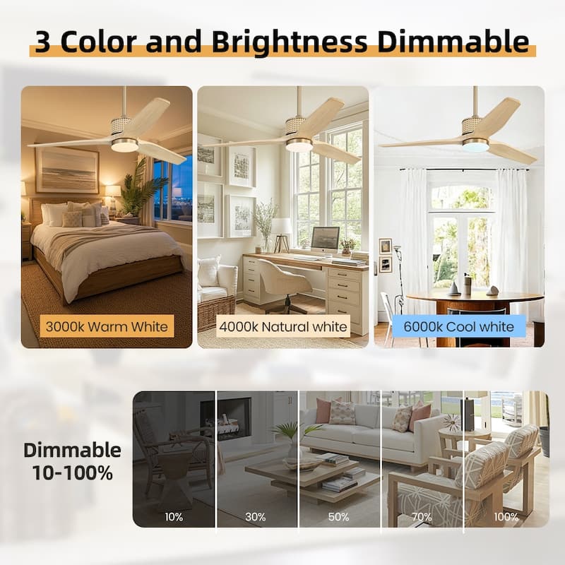 MLiAN 52 In. 3 Solid Wood Indoor Ceiling Fan with Light Kit - 52"