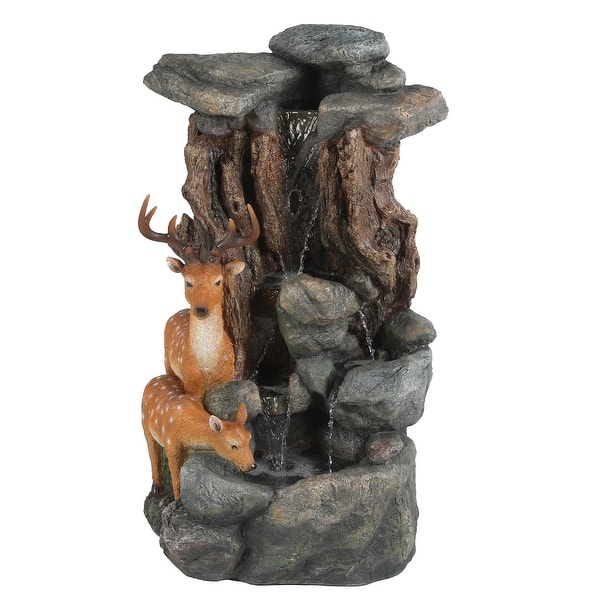 slide 2 of 7, Resin Deer Family Outdoor Fountain with LED Lights