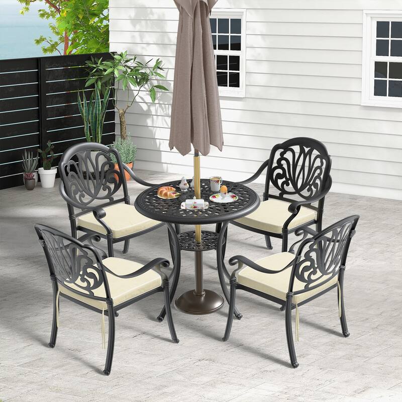 5-Piece Cast Aluminum Outdoor Dining Set with Brown Cushions - Black