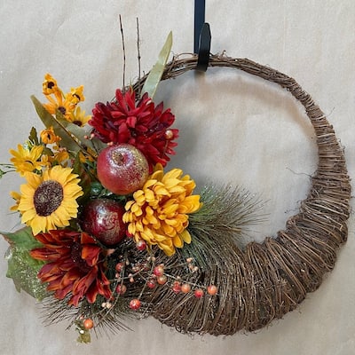 24" Fall Colored Flowers And Apples Half Wreath