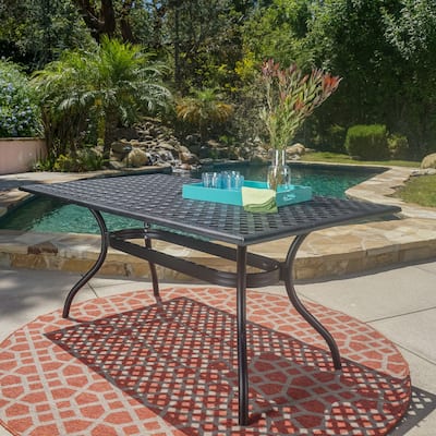Roomfitters Rectangular Outdoor Dining Table with Lattice Design and Curved Legs, Rust-Resistant Cast Aluminum, Black