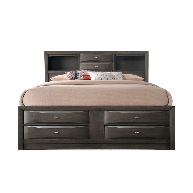 Wooden Eastern King Bed with Bookcase and Drawers - Gray
