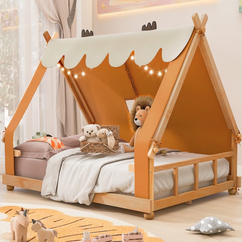 Deer Antler Accents House Bed Tent with Light and Roll-Up Curtain Skylight, Low Platform Bed with Detachable Tent and Roof